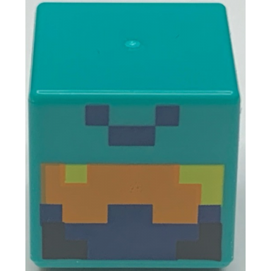 dark turquoise minifigure head modified cube with pixelated orange dark blue and black face with yellow eyes pattern minecraft nether adventurer