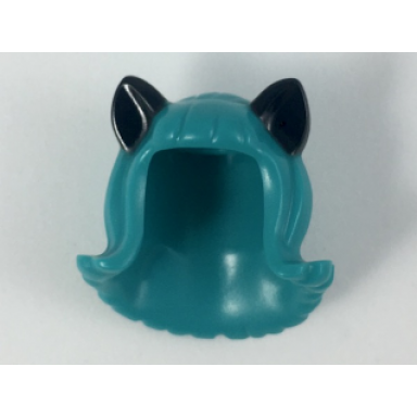 dark turquoise minifigure hair female mid-length flipped ends short bangs with black cat ears pattern