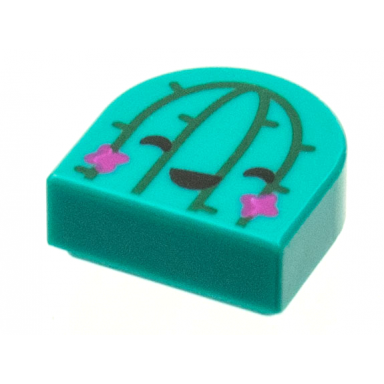 dark turquoise tile round 1 x 1 half circle extended with dark green cactus lines magenta flowers black eyes and mouth pattern