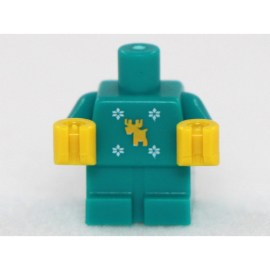 dark turquoise body baby toddler with fixed arms with molded yellow hands and printed moose and snowflakes pattern