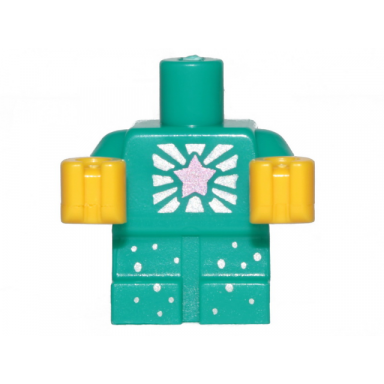 dark turquoise body baby toddler with fixed arms with molded yellow hands and printed metallic pink star silver rays and dots pattern