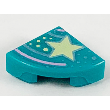 dark turquoise tile round 1 x 1 quarter with bright light yellow star and spots bright pink and metallic light blue lines pattern