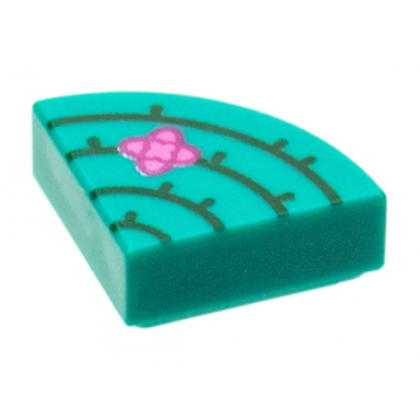 dark turquoise tile round 1 x 1 quarter with dark green cactus lines magenta and dark pink flower pattern