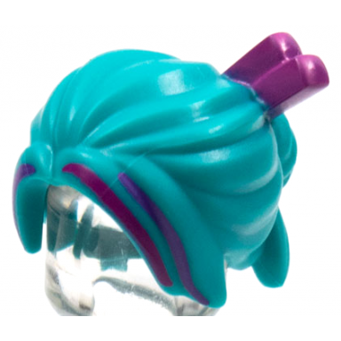 dark turquoise minifigure hair female loose bun with magenta chopsticks dark purple highlights pattern