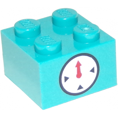 dark turquoise brick 2 x 2 with timer black circle and indicators with red hand on white background pattern