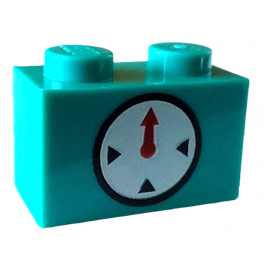 dark turquoise brick 1 x 2 with timer black circle and indicators with red hand on white background pattern