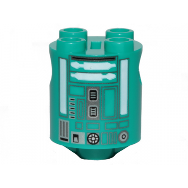 dark turquoise brick round 2 x 2 x 2 robot body with dark silver lines and white and silver pattern astromech droid k3-r1
