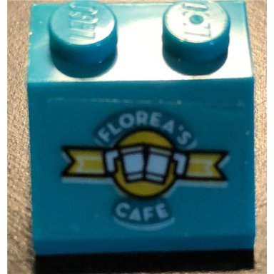 dark turquoise slope 45 2 x 2 with floreas cafe and cups pattern sticker - set 76129