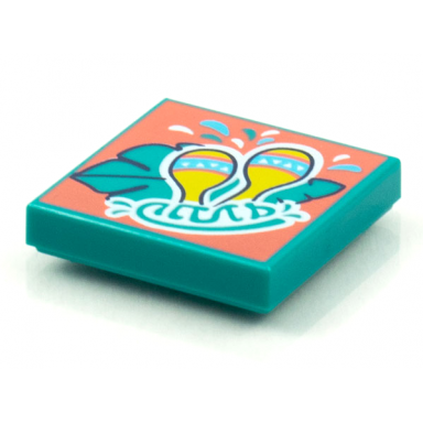 dark turquoise tile 2 x 2 with beatbit album cover - maracas and green leaf pattern