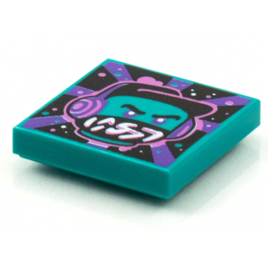 dark turquoise tile 2 x 2 with beatbit album cover - dark turquoise minifigure black hat and dark purple headphones pattern