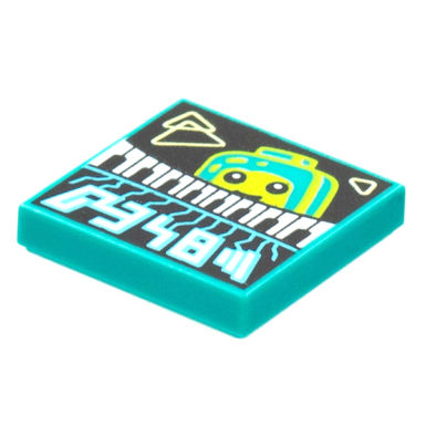dark turquoise tile 2 x 2 with beatbit album cover - lime minifigure looking over keyboard pattern