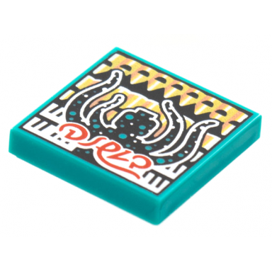 dark turquoise tile 2 x 2 with beatbit album cover - black minifigure with tentacles and dark turquoise spots pattern