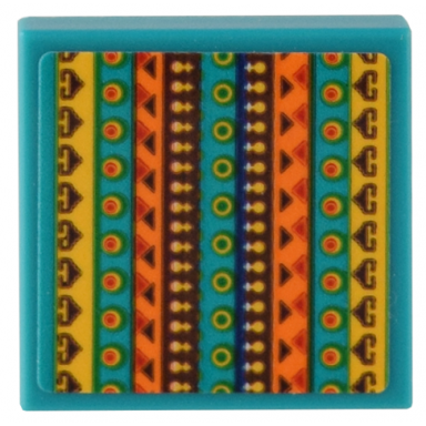 dark turquoise tile 2 x 2 with blanket with bright light orange orange reddish brown and dark turquoise geometric pattern sticker - set 40583