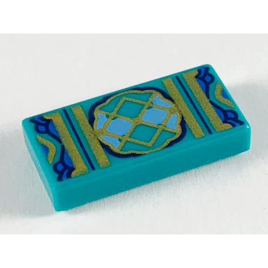 dark turquoise tile 1 x 2 with gold lattice with dark blue and bright light blue trim pattern