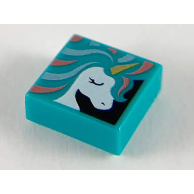 dark turquoise tile 1 x 1 with white unicorn head gold horn and metallic light blue and coral mane pattern