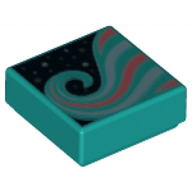 dark turquoise tile 1 x 1 with metallic light blue and coral swirl on black background pattern