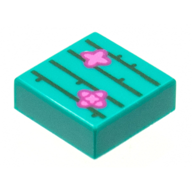 dark turquoise tile 1 x 1 with dark green cactus lines magenta and dark pink flowers pattern
