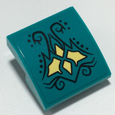 dark turquoise slope curved 2 x 2 x 2 3 inverted with bright light yellow diamonds black dots and swirls pattern sticker - set 41196
