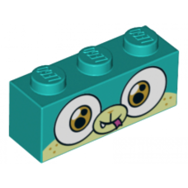 dark turquoise brick 1 x 3 with dog face wide eyes smiling light green muzzle and snout closed mouth and tongue pattern alien puppycorn