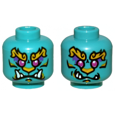 dark turquoise minifigure head dual sided alien magenta eyes bright light orange nose and bushy eyebrows white bottom fangs neutral smirk pattern