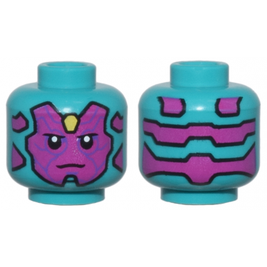 dark turquoise minifigure head alien robot with magenta face and panels dark purple lines bright light yellow jewel on forehead stern pattern