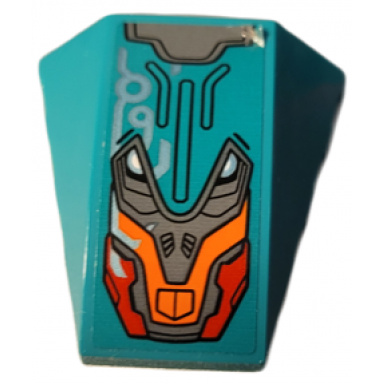 dark turquoise wedge 4 x 4 triple curved no studs with dark bluish gray orange and red armor plates with black outlines and metallic light blue circuitry pattern sticker - set 76194