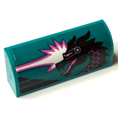 dark turquoise slope curved 1 x 4 x 1 1 3 with black dragon head with visor and white and dark pink flames pattern model left side sticker - set 60389