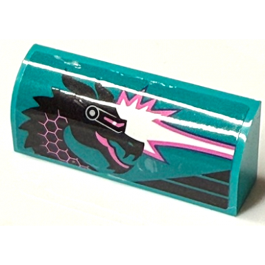 dark turquoise slope curved 1 x 4 x 1 1 3 with black dragon head with visor and white and dark pink flames pattern model right side sticker - set 60389