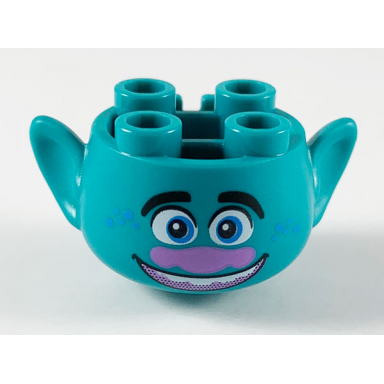 dark turquoise minifigure head modified trolls with black eyebrows blue eyes and freckles medium lavender nose open mouth smile with top teeth pattern