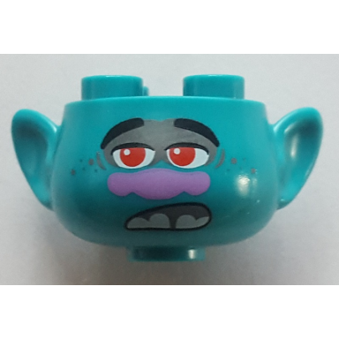 dark turquoise minifigure head modified trolls with black eyebrows red eyes dark bluish gray eye shadow and freckles medium lavender nose open mouth with bottom teeth pattern