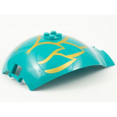 dark turquoise panel 10 x 4 x 13 curved tapered with bar handle at each end 4 studs on side with gold leaves outline pattern