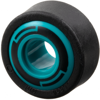 dark turquoise wheel 11mm d x 8mm with center groove 8 spokes and smooth side with black circle and arcs pattern with black tire 14mm d x 6mm solid smooth 6683pb01 50945