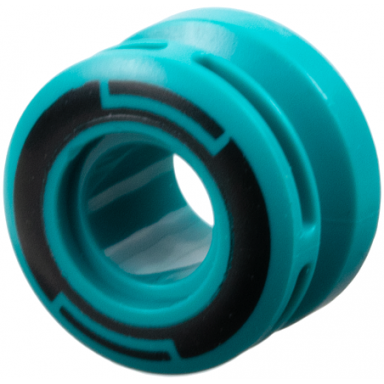 dark turquoise wheel 11mm d x 8mm with center groove 8 spokes and smooth side with black circle and arcs pattern