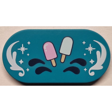 dark turquoise tile round 2 x 4 oval with bright pink and light aqua popsicles dark blue drops white ornaments and sparkles pattern
