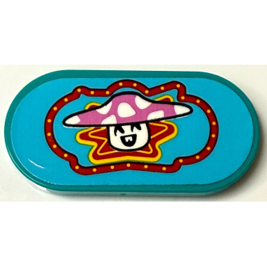 dark turquoise tile round 2 x 4 oval with dreamling mushroom with black eyes and mouth dark pink hat with white spots and red and yellow border pattern sticker - set 71461
