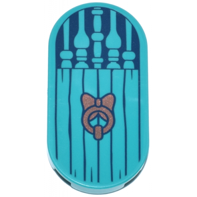 dark turquoise tile round 2 x 4 oval with door with spindles dark blue wood grain and copper knocker pattern