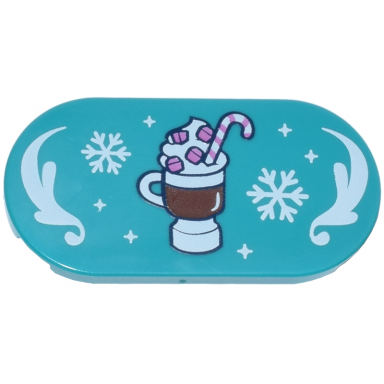 dark turquoise tile round 2 x 4 oval with reddish brown hot chocolate mug dark pink marshmallows and candy cane white swirls and snowflakes pattern