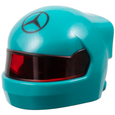 dark turquoise minifigure headgear helmet formula one with molded trans-red visor and printed black mercedes logo pattern