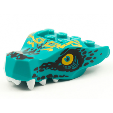 dark turquoise dragon head ninjago jaw with 2 bar handles on back with bright light orange eyes gold tribal tattoos black scales and white teeth pattern