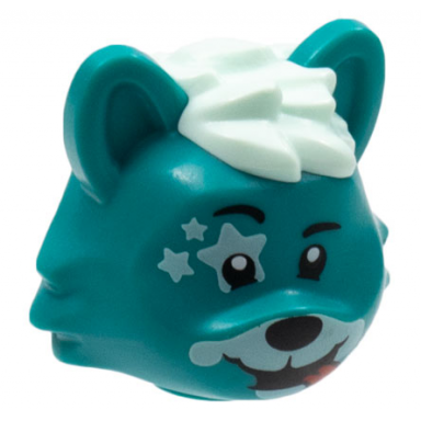 dark turquoise minifigure head modified cat with light aqua hair eye star and muzzle red tongue pattern