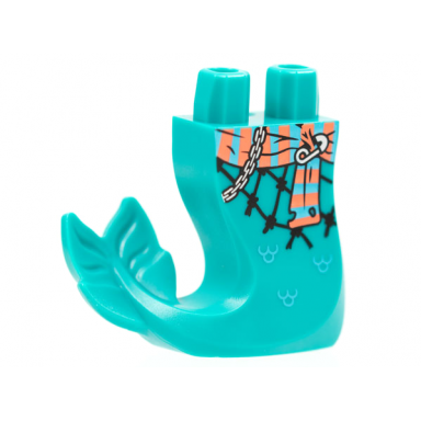 dark turquoise tail mermaid merman curved right with medium azure and coral sash silver chain and pin black fishnet pattern