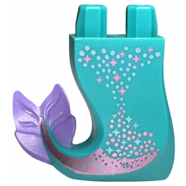 dark turquoise tail mermaid merman curved right with metallic light blue and metallic pink dots and sparkles medium lavender caudal fin pattern
