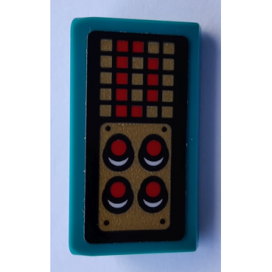 dark turquoise slope 30 1 x 2 x 2 3 with 4 red buttons and pixelated display with letter d pattern sticker - set 80012