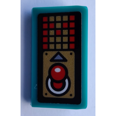 dark turquoise slope 30 1 x 2 x 2 3 with red joystick and pixelated display with letter m pattern sticker - set 80012