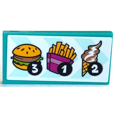 dark turquoise tile 2 x 4 with menu with hamburger french fries ice cream cone and number 3 1 and 2 in black circles pattern sticker - set 41349