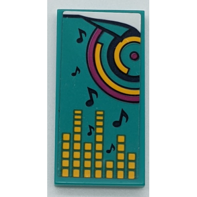 dark turquoise tile 2 x 4 with dark turquoise blanket with dark blue musical notes circles magenta dot and yellow equalizer bars pattern sticker - set 41341