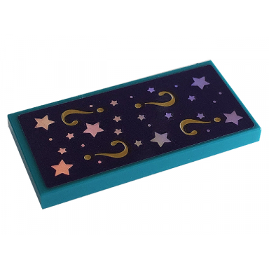dark turquoise tile 2 x 4 with silver stars and gold question marks pattern sticker - set 41687