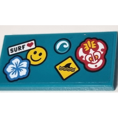 dark turquoise tile 2 x 4 with flower smiley face tribal mask wave shark fin and surf with heart pattern sticker - set 60257