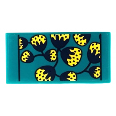 dark turquoise tile 2 x 4 with blanket with bright light yellow and dark blue flower pods and lines pattern sticker - set 41683