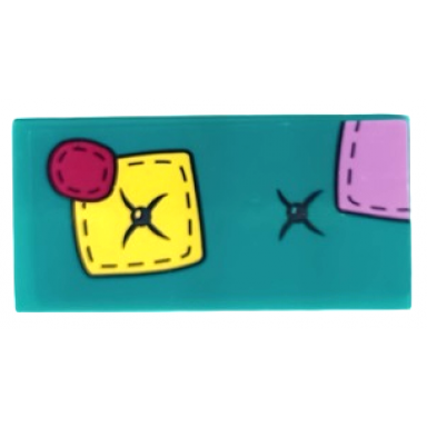 dark turquoise tile 2 x 4 with cushion with magenta medium lavender and bright light yellow patches dark blue buttons and stitching pattern sticker - set 41683